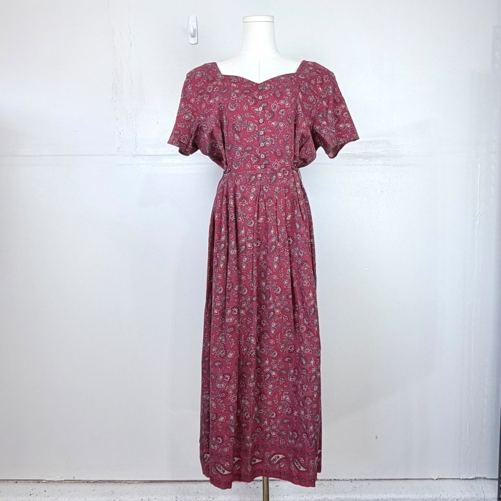 Erika Studio Vintage 90s Floral Paisley Maxi Dress Burgundy Red Large Prairie